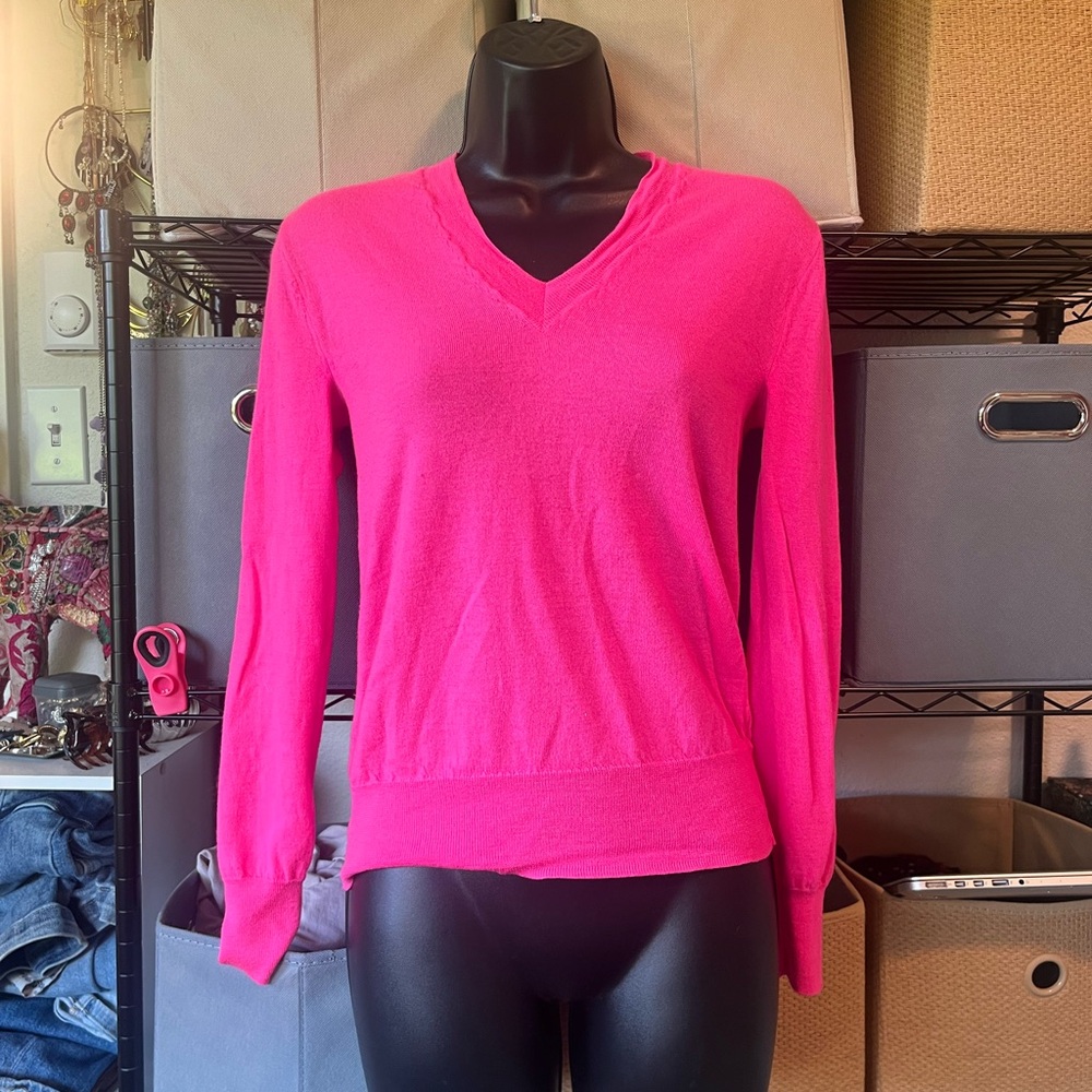 J. Crew Bright Hot Pink Cashmere V-Neck Sweater